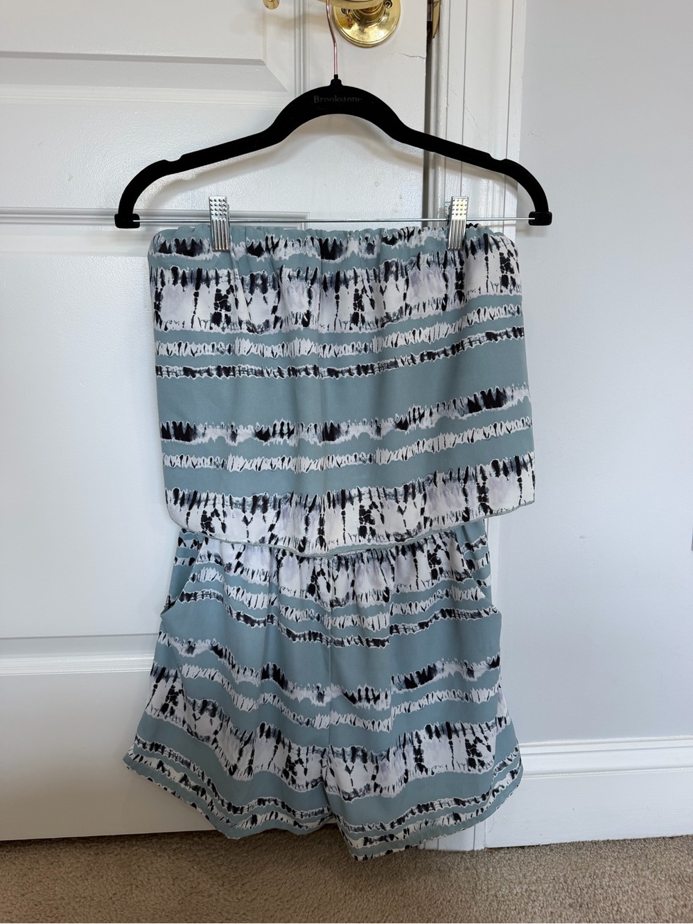 Tyche Strapless Romper in Sage, White, and Black Stripe Print